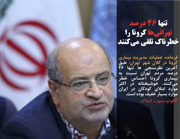 فرمانده عملیات مدیریت بیماری کرونا در کلان شهر تهران: طبق آخرین نظرسنجی ها تنها ۴۶ درصد مردم تهران نسبت به بیماری کرونا احساس خطر می&zwnj;کنند. خوشبختانه در اکثر موارد ابتلای کودکان در ایران موارد بسیار خفیف بوده است.

