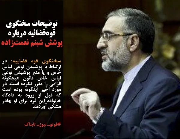 سخنگوی قوه قضاییه: در ارتباط با پوشیدن نوعی لباس خاص و یا منع پوشیدن نوعی لباس خاص قانون هیچگونه الزامی را مقرر نکرده است. در مورد اخیر اینگونه بوده است که قبل از ورود به دادگاه خانواده این فرد برای او چادر مشکی آوردند.
