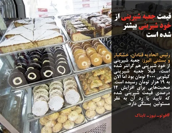 رئیس اتحادیه قنادان، خشکبار و بستنی البرز: جعبه شیرینی از خود شیرینی هم گرانتر شده است، قبلاً جعبه شیرینی کیلویی ۴۰۰۰ تومان بود اما الان به ۱۹ هزار تومان رسیده است. صحبت&zwnj;هایی برای افزایش ۱۴ درصدی قیمت شیرینی شده که تایید یا رد آن به نظر مسئولین  بستگی دارد.

