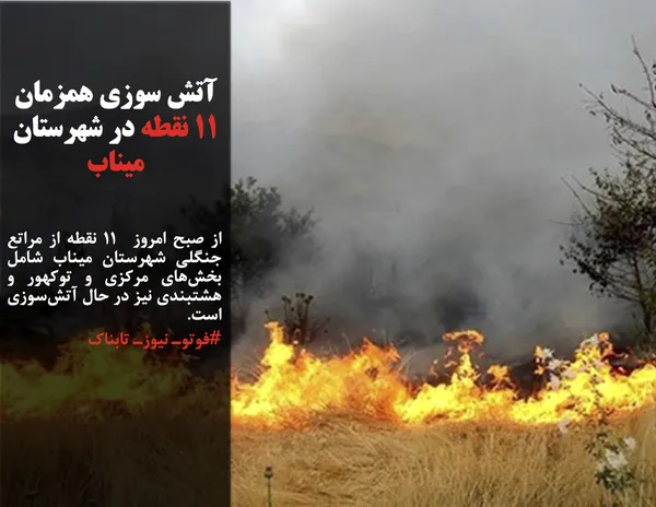 از صبح امروز  ١١ نقطه از مراتع جنگلی شهرستان میناب شامل بخش&zwnj;های مرکزی و توکهور و هشتبندی نیز در حال آتش&zwnj;سوزی است.
