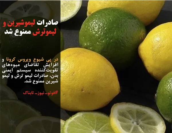 در پی شیوع ویروس کرونا و افزایش تقاضای میوه&zwnj;های تقویت&zwnj;کننده سیستم ایمنی بدن، صادرات لیمو ترش و لیمو شیرین ممنوع شد.
