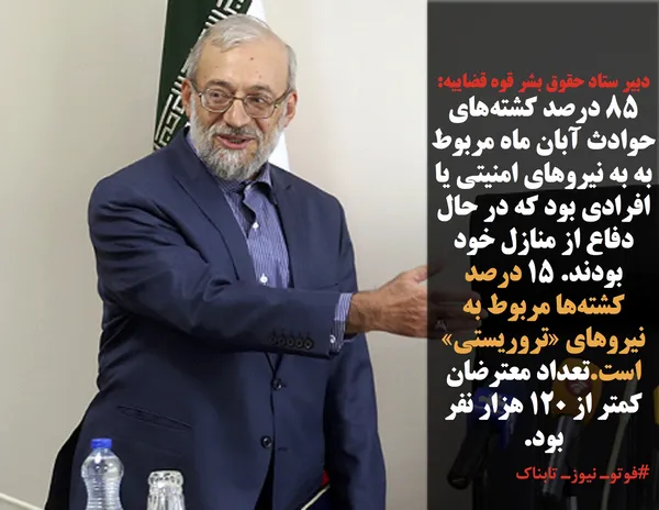 دبیر ستاد حقوق بشر قوه قضاییه:۸۵ درصد کشته&zwnj;های حوادث آبان ماه مربوط به به نیرو&zwnj;های امنیتی یا افرادی بود که در حال دفاع از منازل خود بودند. ۱۵ درصد کشته&zwnj;ها مربوط به نیرو&zwnj;های &laquo;تروریستی&raquo; است.تعداد معترضان کمتر از ۱۲۰ هزار نفر بود.