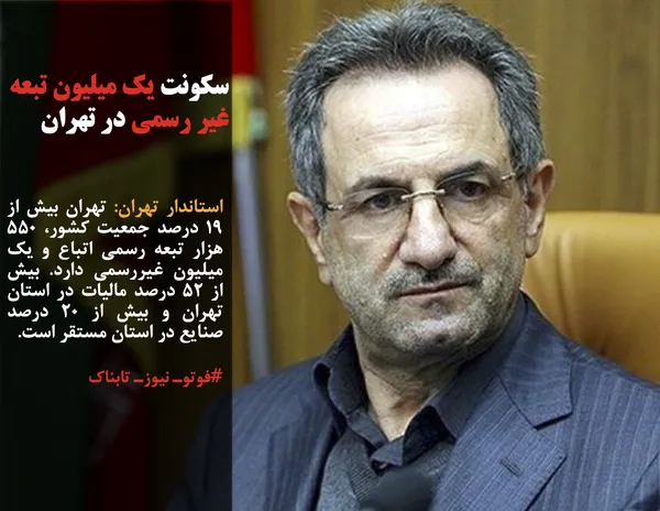 استاندار تهران: تهران بیش از ۱۹ درصد جمعیت کشور، ۵۵۰ هزار تبعه رسمی اتباع و یک میلیون غیررسمی دارد. بیش از ۵۲ درصد مالیات در استان تهران و بیش از ۲۰ درصد صنایع در استان مستقر است.
