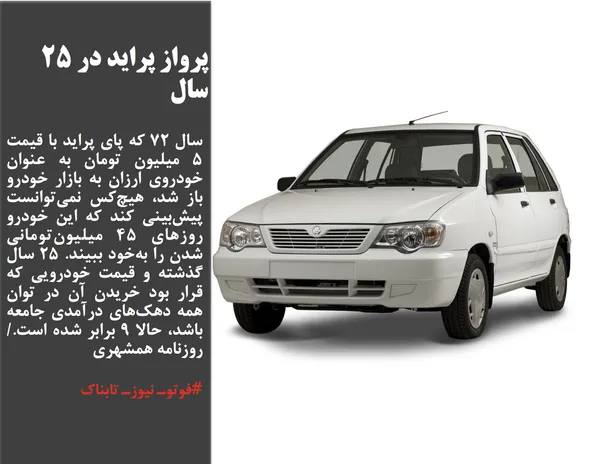 سال ۷۲ که پای پراید با قیمت ۵ میلیون تومان به&zwnj; عنوان خودروی ارزان به بازار خودرو باز شد، هیچ&zwnj;کس نمی&zwnj;توانست پیش&zwnj;بینی کند که این خودرو روزهای ۴۵ میلیون&zwnj;تومانی شدن را به&zwnj;خود ببیند. ۲۵ سال گذشته و قیمت خودرویی که قرار بود خریدن آن در توان همه دهک&zwnj;های درآمدی جامعه باشد، حالا ۹ برابر شده است./روزنامه همشهری
