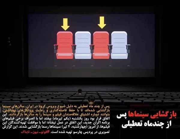 پس از چند ماه تعطیلی به دلیل شیوع ویروس کرونا در ایران، سالن&zwnj;های سینما بازگشایی شده&zwnj;اند تا با حفظ فاصله&zwnj;گذاری و رعایت پروتکل&zwnj;های بهداشتی، بتوانند دوباره اشتیاق علاقه&zwnj;مندان فیلم و سینما را به سالن&zwnj;ها بازگردانند. این اتفاق قرار بود روز یکشنبه (یکم تیرماه) بیفتد اما با انصراف برخی فیلم&zwnj;های برنامه اکران جدید، این اتفاق در عمل نیفتاد؛ اما با موافقت تهیه&zwnj;کنندگان این فیلم&zwnj;ها، از امروز (چهارشنبه، ۴ تیر) سینماها رسما بازگشایی شدند. این گزارش تصویری در پردیس چارسو تهیه شده است. #فوتوـ نیوزـ تابناک
